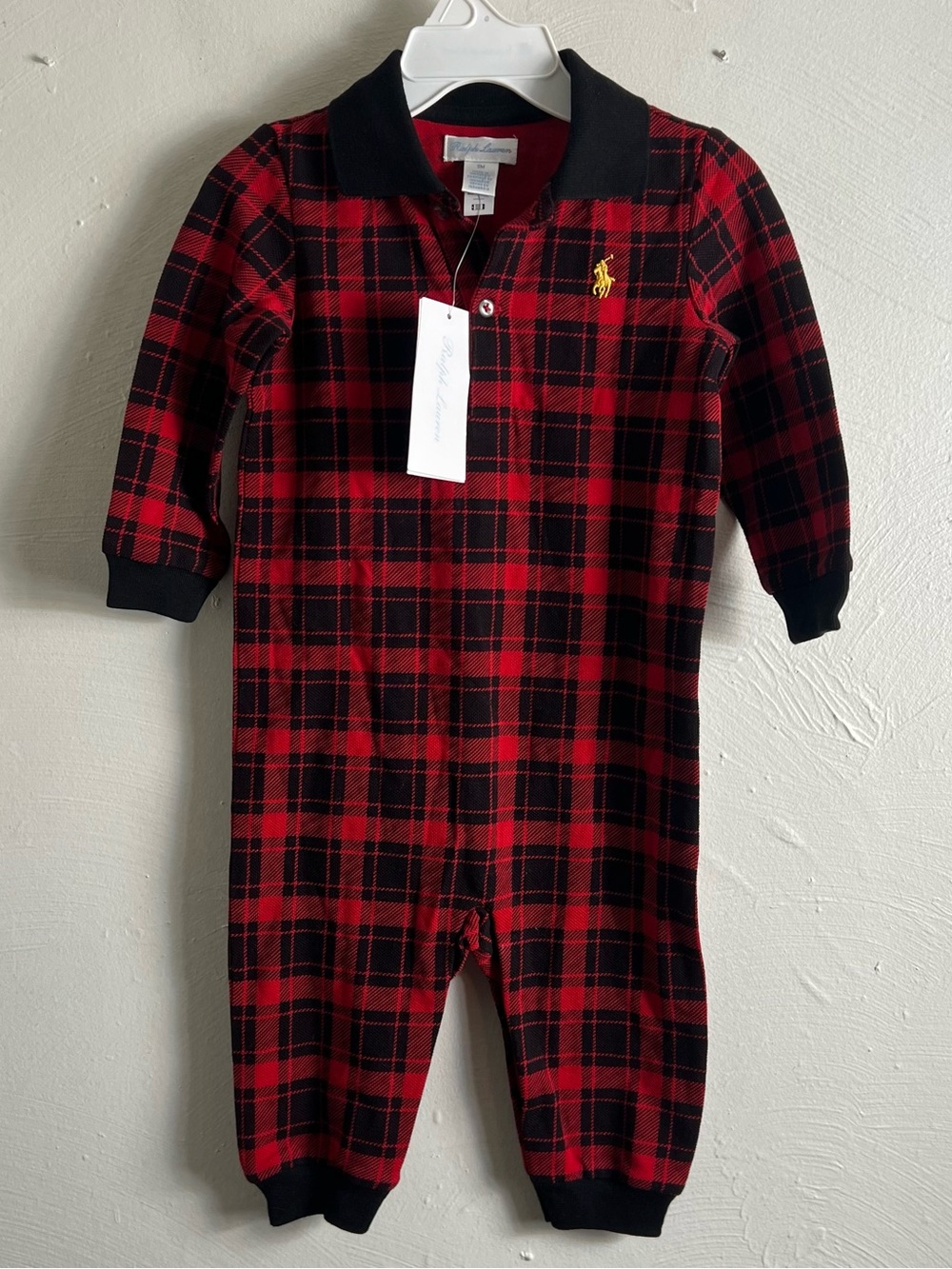 Ralph Lauren Coverall Romper Holiday Red Black 9 months NWT Long Sleeve